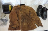 Welding gear lot. Black Stallion size Large cowhide welding jacket, size 10 iron age welding boots