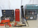 Catch all lot. 4 tool boxes, red metal gas can, hand tools, Canon powershot A560, tripod and more.