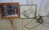 Holly merrifield framed Elk pencil drawing, deer picture, antler and a tea pot lamp.
