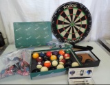 Pool table accessories and Nodar Supamatch dart board lot.