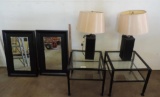 2 black metal glass top end tables, 2 leatherette lamps and 2 32x20