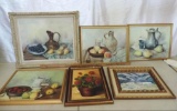 6 framed oil paintings on hard board.