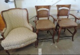 2 wicker back bar stools and upholstered chair.