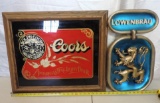 Coors beer mirror and vintage Lowenbrau beer sign.