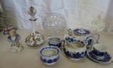 Hand painted milk glass pitcher, 5 pieces of Gefle blue glassware and more.