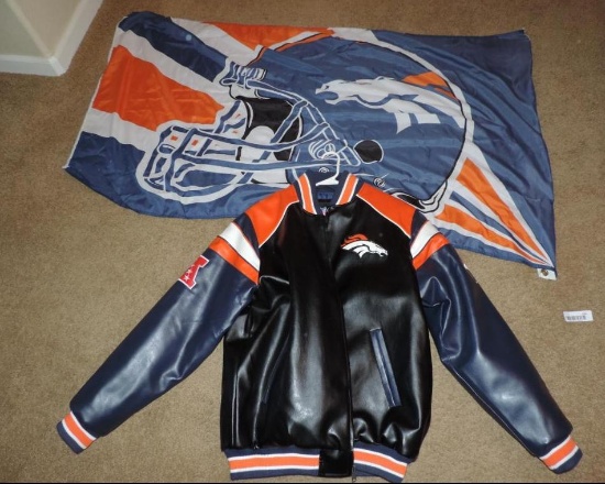 Size large Denver Broncos leather jacket and flag.