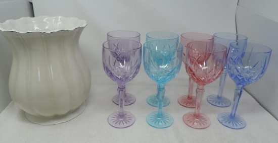 8 Waterford Marquis 8.5" multicolored wine glasses and 8x10" unmarked white vase.