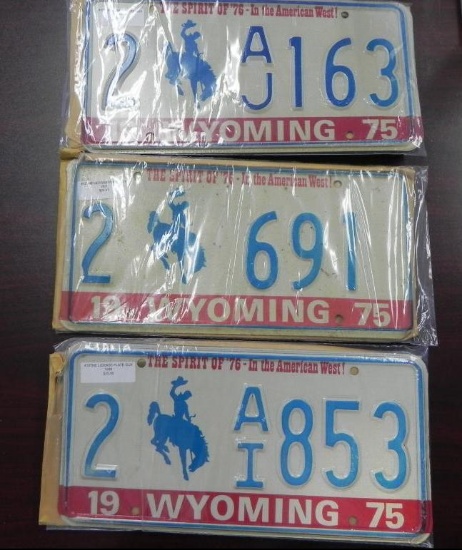 Three sets of 1975 Wyoming License Plates.