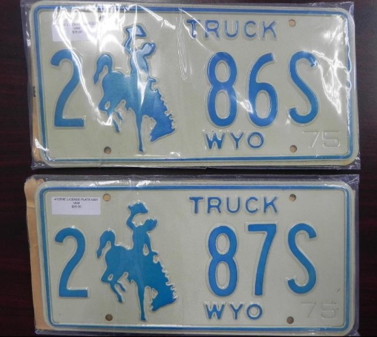 Two pair sequential 1975 Wyoming Truck License Plates.