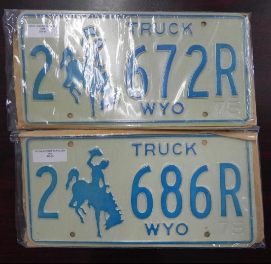 Two pair 1975 Wyoming Truck License Plates.