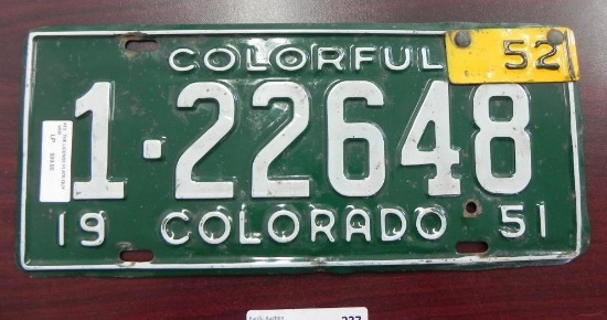 One 1951 Colorado License Plate.