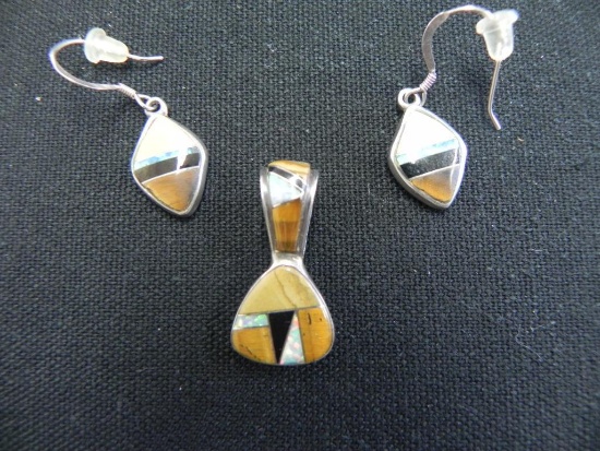 Mosiac sterling silver pendant and earrings.
