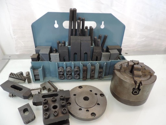 Mill table clamp set and a laithe chuck.