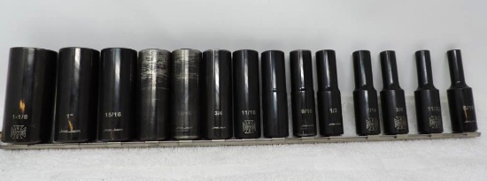 Set of 14 3" Mac tools Jesse James SAE 1/2" drive sockets.