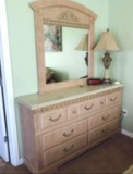7 drawer dresser with mirror, nightstand, 2 lamps & queen size comforter.