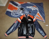 Size large Denver Broncos leather jacket and flag.