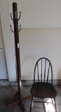 Solid wood chair and coat rack.