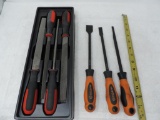 set of 3 Matco gasket scrapers and a set of 4 gear wrench files.