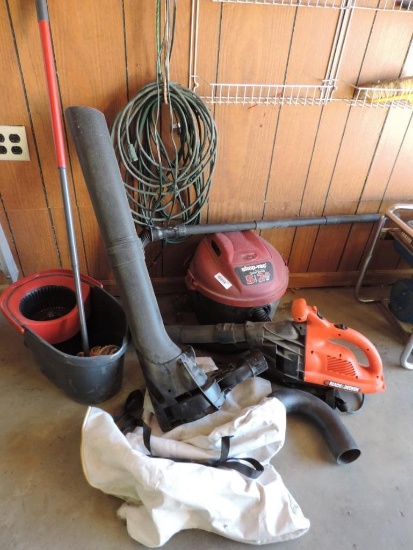 Black & Decker electric blower with attachments, 2HP shop vac and extension cord.