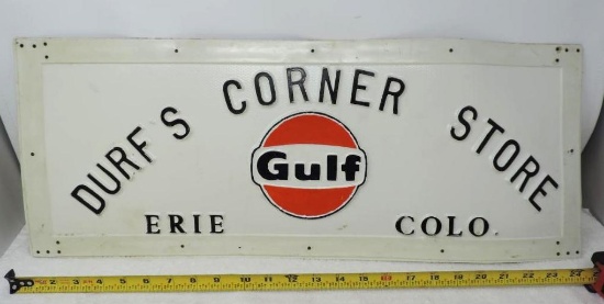 Vintage 25x11" Embossed Gulf Durf's corner store Erie CO sign.