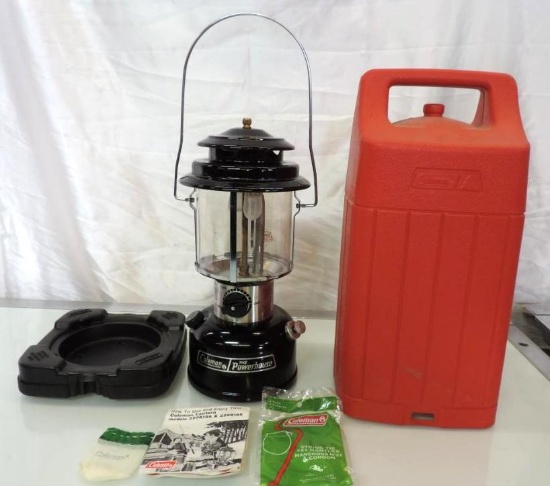 3-1986 marked Coleman powerhouse lantern with hard case, mantles and manual.