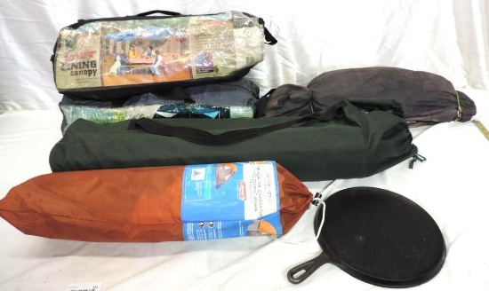 Camping gear assortment. Coleman GO 3 person tent, Lodge 10" griddle & more.