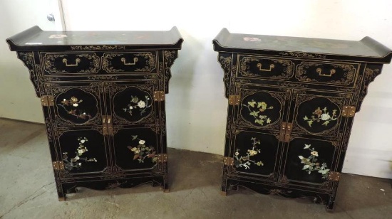 Pair of Black lacquer oriental nightstands with stone accents.