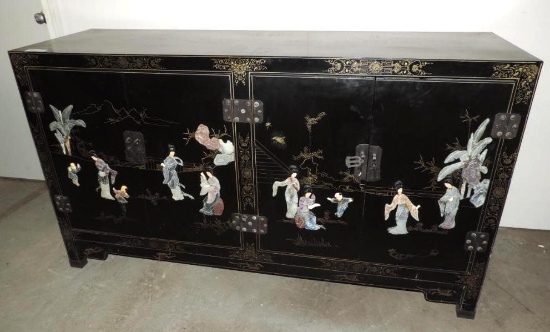 Black Lacquer ornate oriental buffet made by Jinlong furniture.