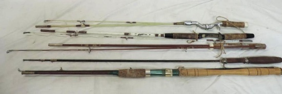 Vintage wood handled telescoping rod and 4 unmarked 2 piece rods.