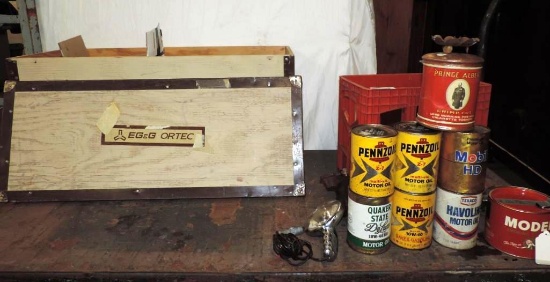 6 vintage oil cans, 2 tobacco cans, 12 volt Ge light, 35x14x17 EG&G Ortek wooden box and more.