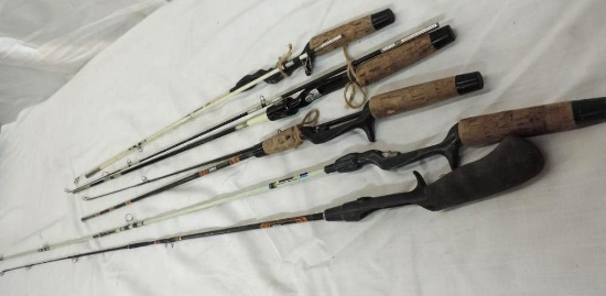5 Zebco rods, model 4040, two 2 piece Centennial's and more.