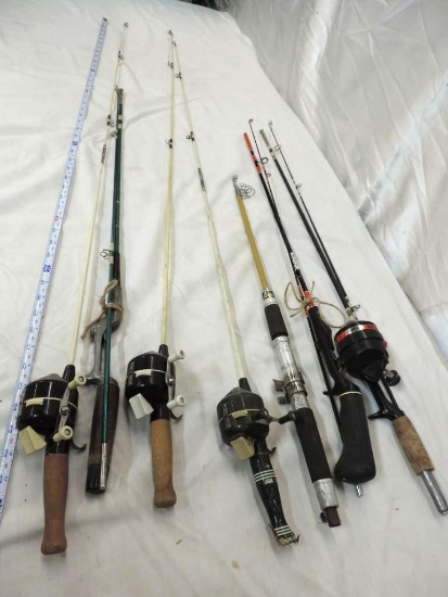 2 Zebco 77 rod & reel combos, Spirit 230 reel with # 23 rod, Johnson AR 562 2 piece and more.