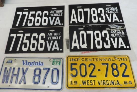 2 Sets of VA antique vehicle plates, 1963 centennial West Virginia plate and 1982 VA plate.