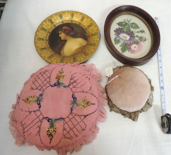 10" E. Desserich funiture CO Denver metal plate, 10' framed needlepoint and antique pin cushion /