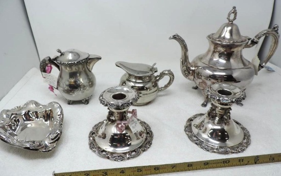 Baroque silverplate candlesticks, Hartford, Rochester and Oneida pitchers and Oneida silverplate