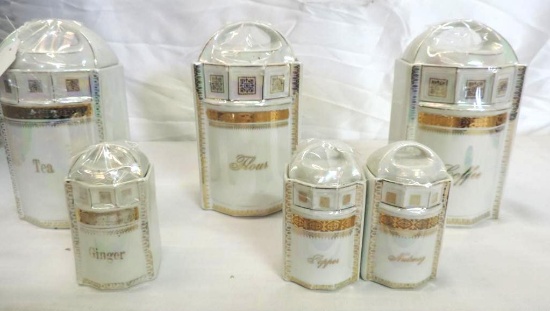 Beautiful 6 piece German irridescent canister set in excellent condition.
