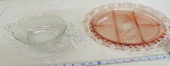 13"x9" pink depression divided bowl and 2 piece fostoria serving set.