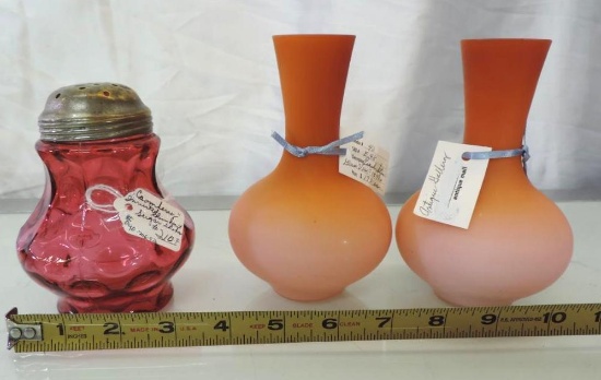 Pair of turn of the century satin glass 6" vases and cranberry glass sugar shaker.