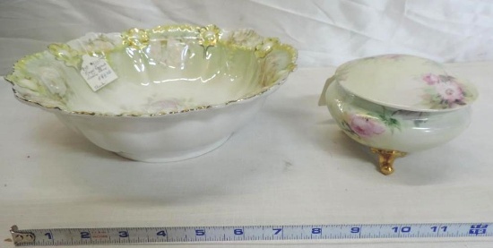 10" Royal Bayreuth luster bowl and French 3 footed covered bowl.