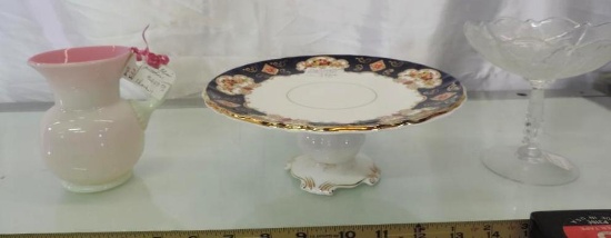 Gorgeouse 5" blown glass vase, 9" Royal Albert cake plate and 5" rosepoint footed dish.