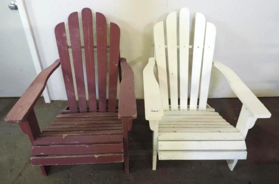 2 wooden Adirondack chairs.