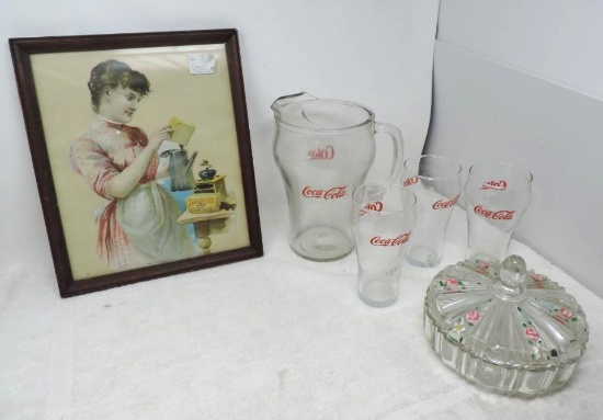 Framed Arbuckles coffee ad, Coke pitcher with 3 glasses and hand painted candy dish.