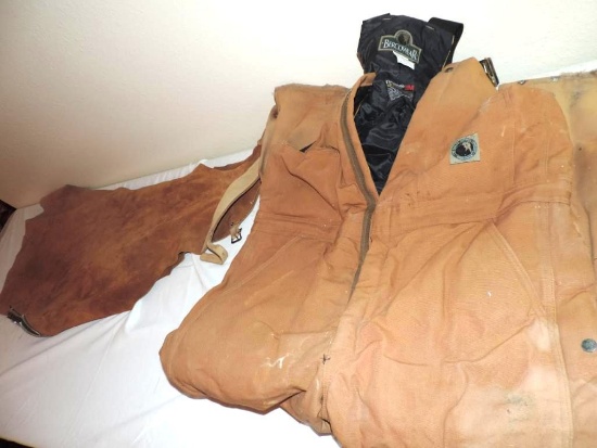 Unmarked leather chaps and size large Bercowear overalls.