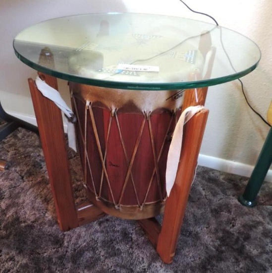 Singed drum glass top side table.