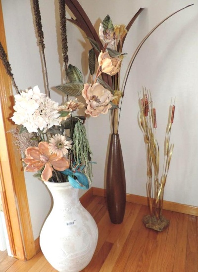 Handmade metal / stone flower sculpture, white Bradley's of California vase and more.