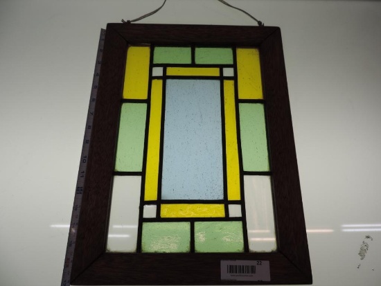 17x12" oak framed stained glass window.