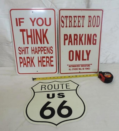 Street Rod parking and Route 66 metal signs.