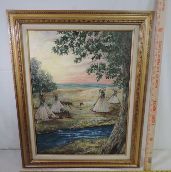 Original Oil by J.W. Krantz- Teepees along a river
