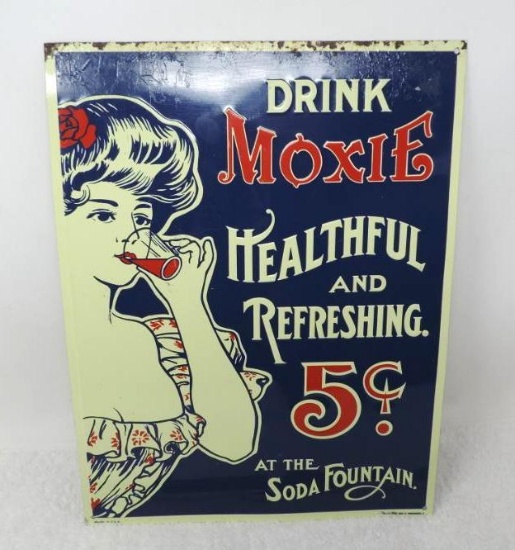 Embossed 5 cent drink Moxie metal sign