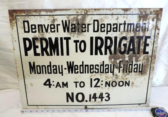 Early heavy Denver Water Department permit to irrigate sign